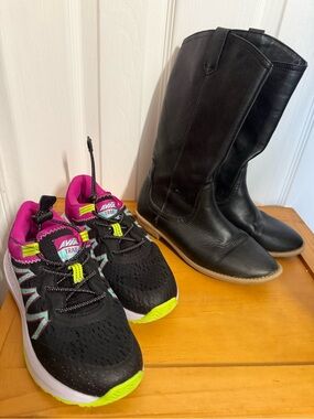 Two pairs of girls size 2 shoes—new Avia sneakers and Cat & Jack used once boots